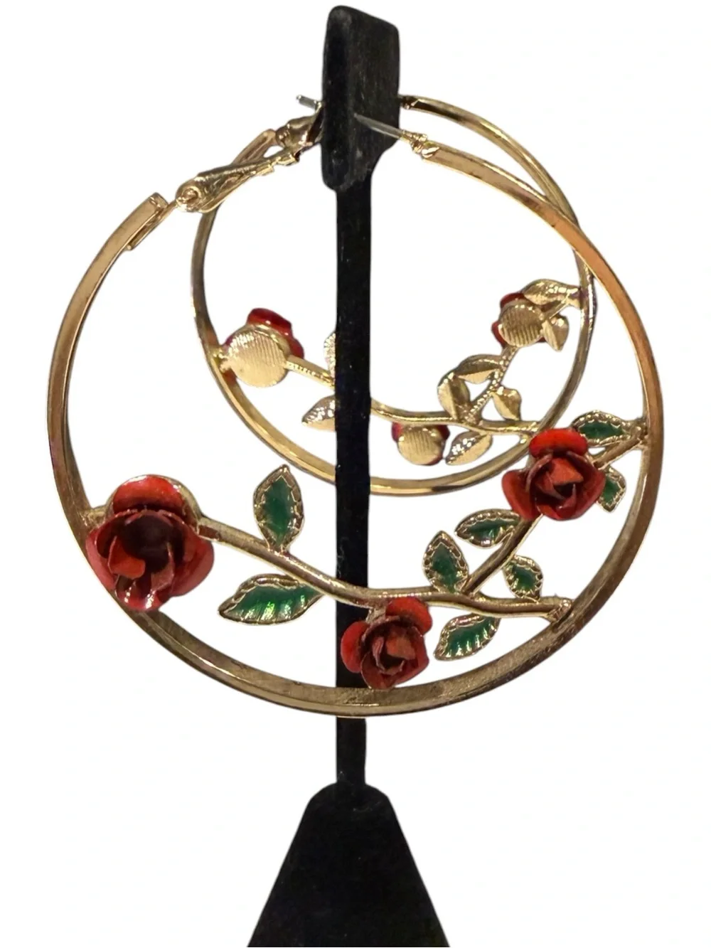 Gold Hoop Earrings Whimsical Cottagecore 3D Red Enamel Rose Vine